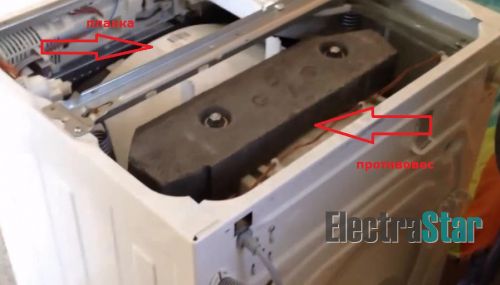 Металлическая планка и противовес в устройстве стиральной машины Bosch
